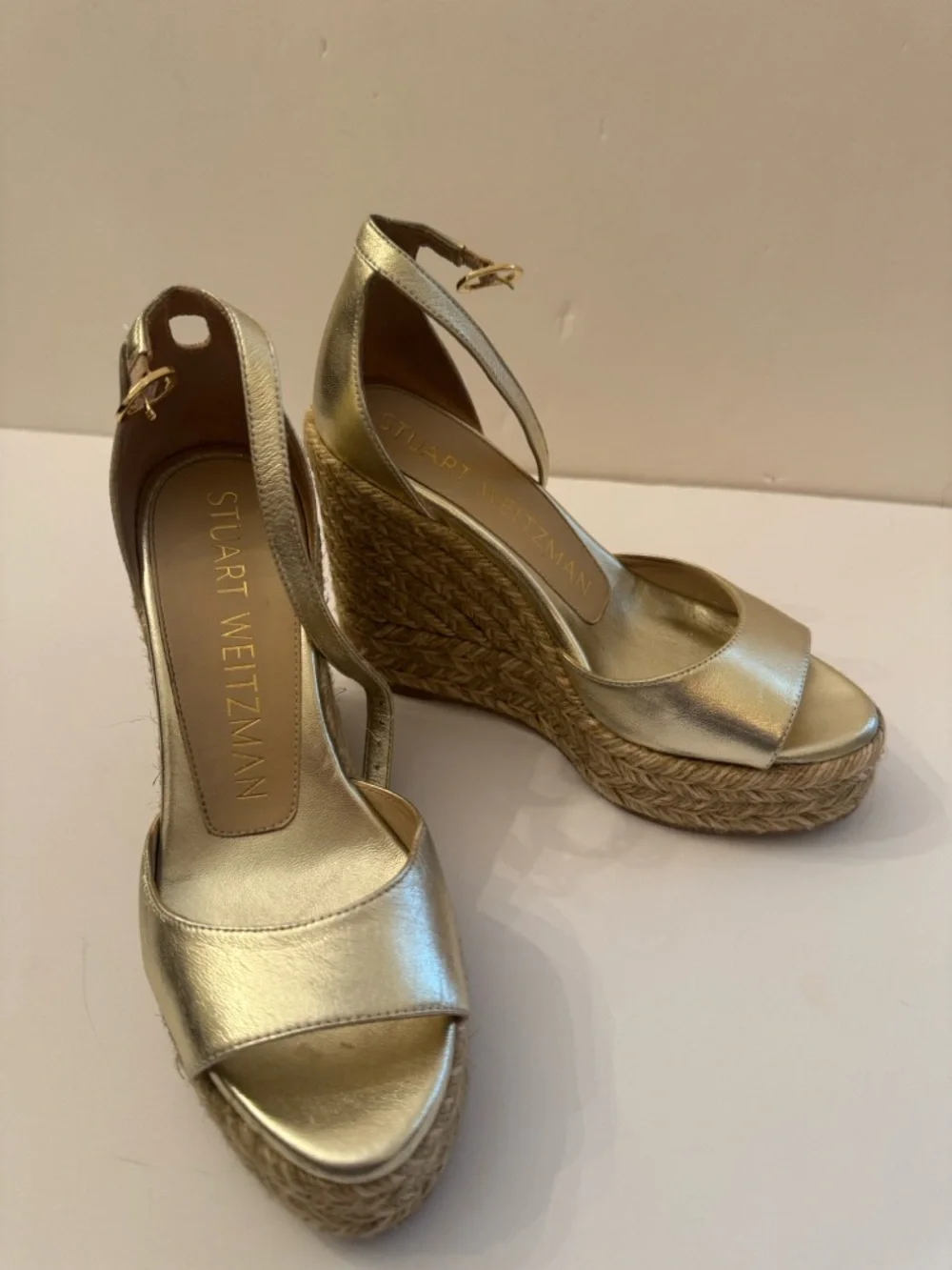 Stuart Weitzman Nudistcurve Metallic Gold Espadrille Wedge Sandals w/Ankle Strap - Picture 11 of 16